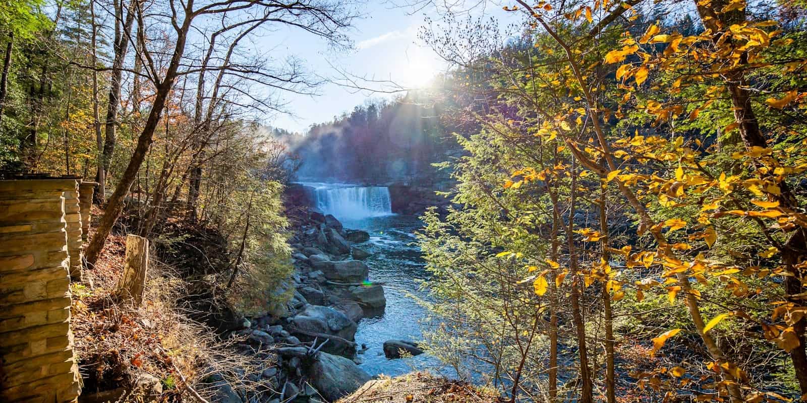 Kentucky Travel Guide the sun is shining over a waterfall in the woods