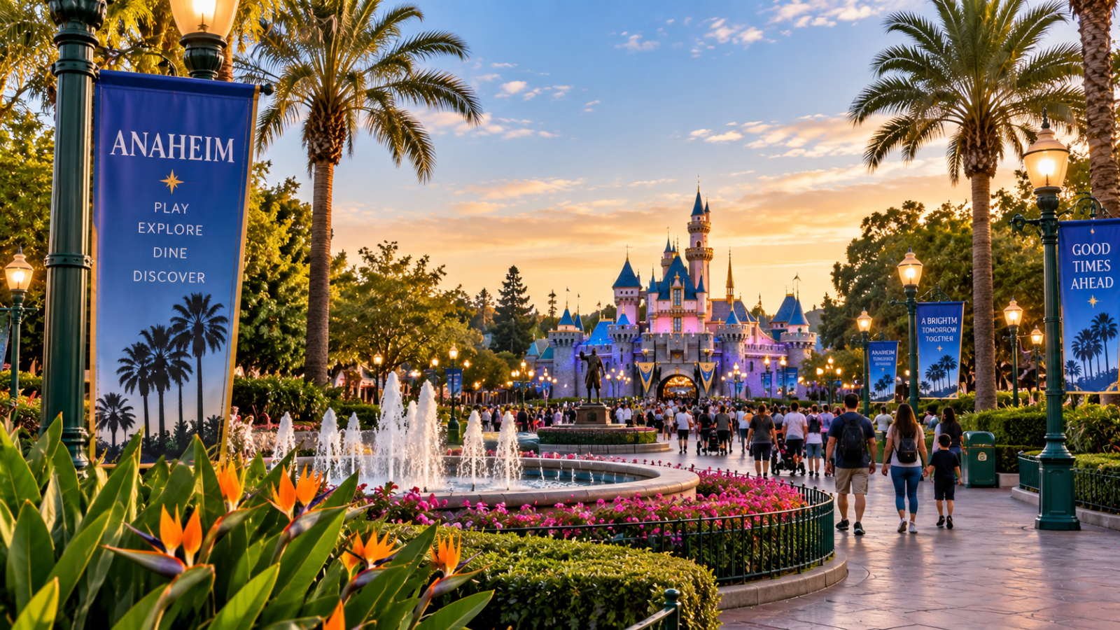 Anaheim travel scene with palm-lined walkways, landscaped grounds, visitors, and a theme park castle glowing at sunset.