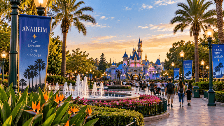 Anaheim travel scene with palm-lined walkways, landscaped grounds, visitors, and a theme park castle glowing at sunset.