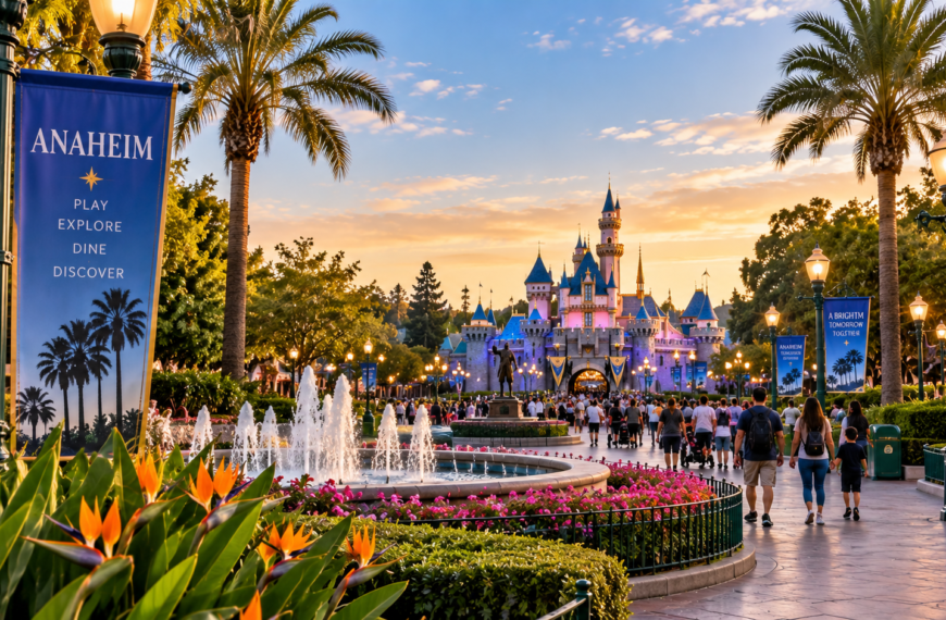 Anaheim travel scene with palm-lined walkways, landscaped grounds, visitors, and a theme park castle glowing at sunset.
