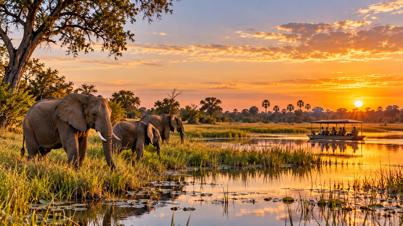 Elephants beside the wetlands of Botswana at sunset, with a safari boat crossing calm water among reeds and palm trees.