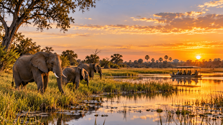 Elephants beside the wetlands of Botswana at sunset, with a safari boat crossing calm water among reeds and palm trees.