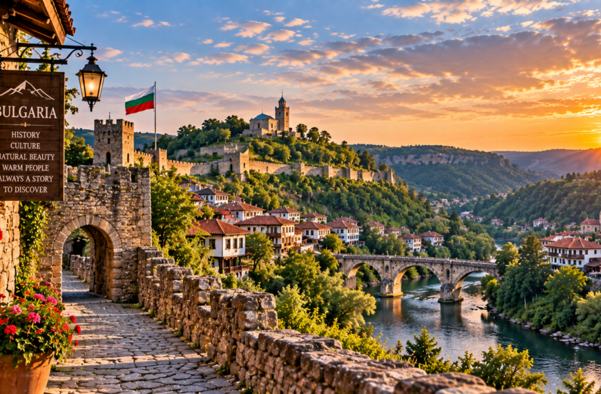 Historic Bulgarian hillside town with traditional red-roofed houses, stone bridge, fortress walls, river, and forested mountains.