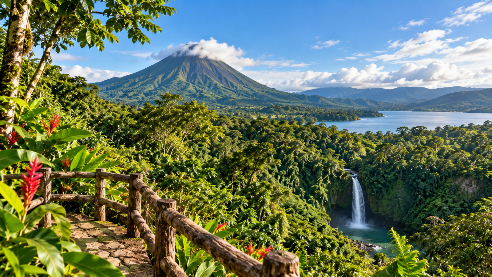 Lush Costa Rican rainforest with a volcanic peak, tropical vegetation, waterfall, blue water, and mountainous scenery.