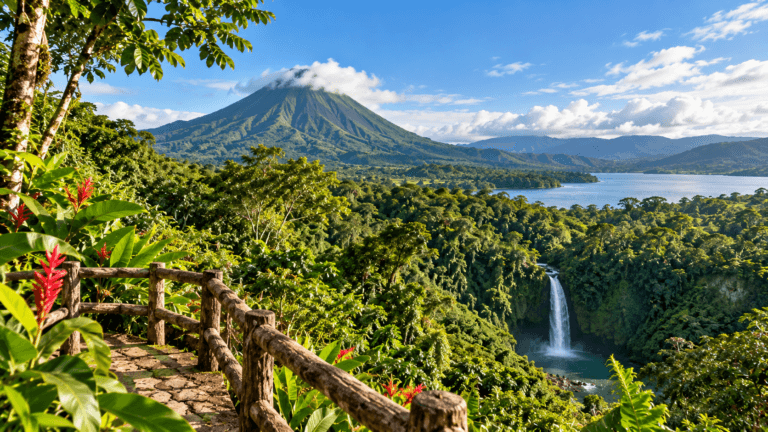 Lush Costa Rican rainforest with a volcanic peak, tropical vegetation, waterfall, blue water, and mountainous scenery.