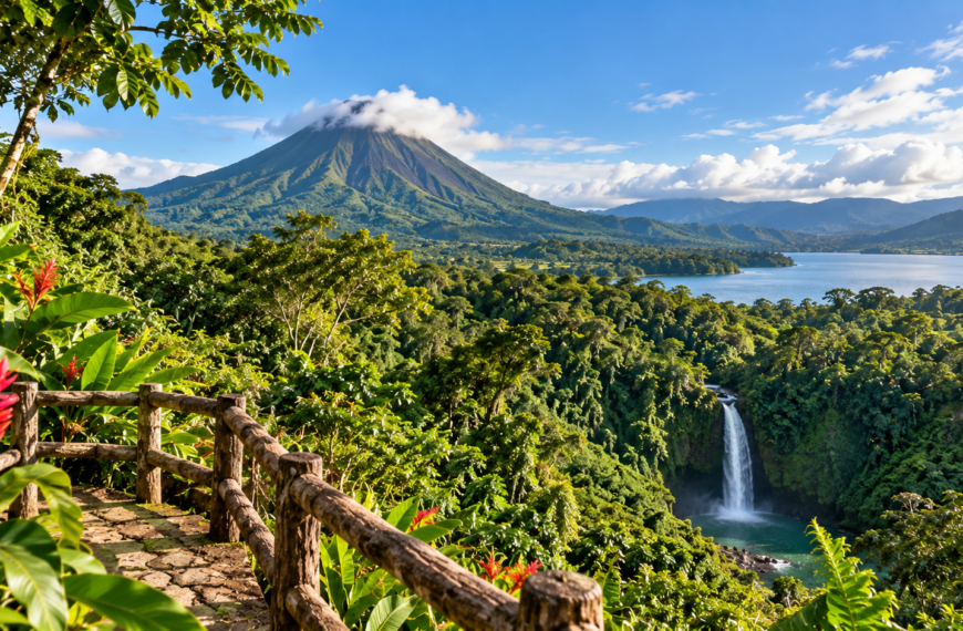 Lush Costa Rican rainforest with a volcanic peak, tropical vegetation, waterfall, blue water, and mountainous scenery.