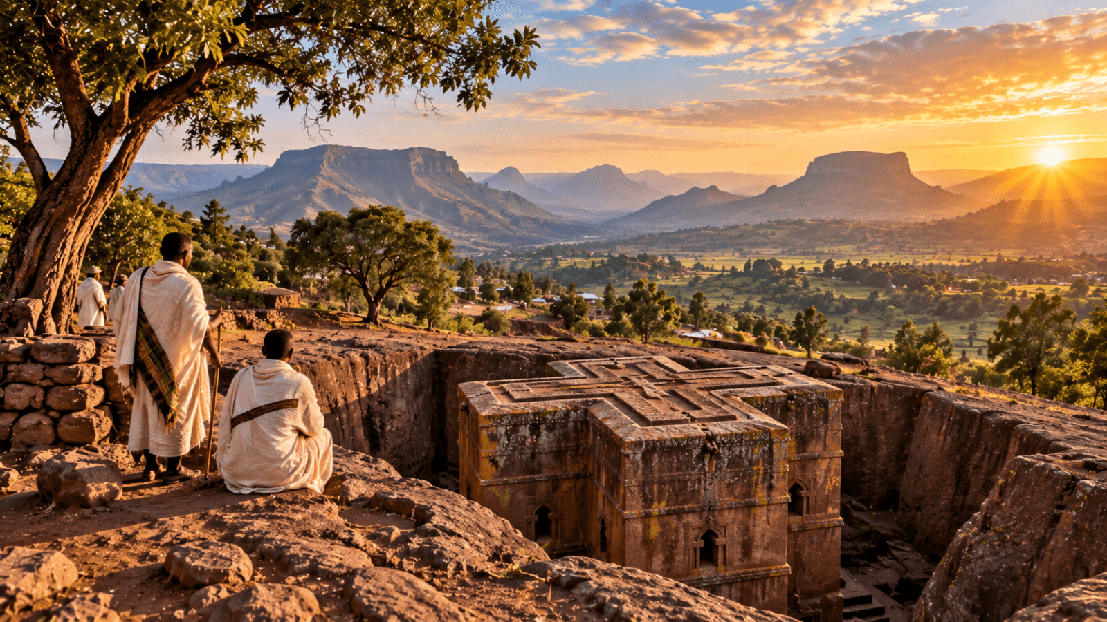 Rock-hewn church at Lalibela in Ethiopia surrounded by rugged highland scenery and visitors in traditional white garments.