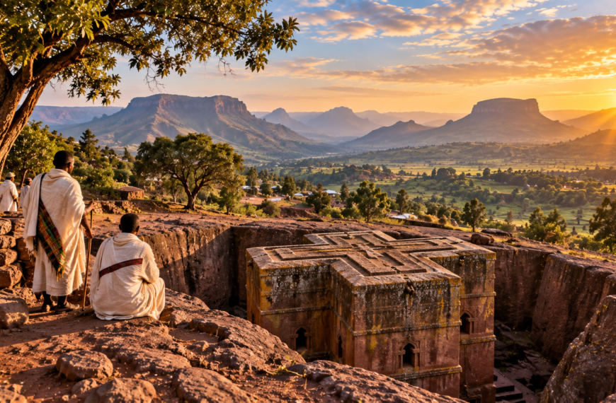Rock-hewn church at Lalibela in Ethiopia surrounded by rugged highland scenery and visitors in traditional white garments.