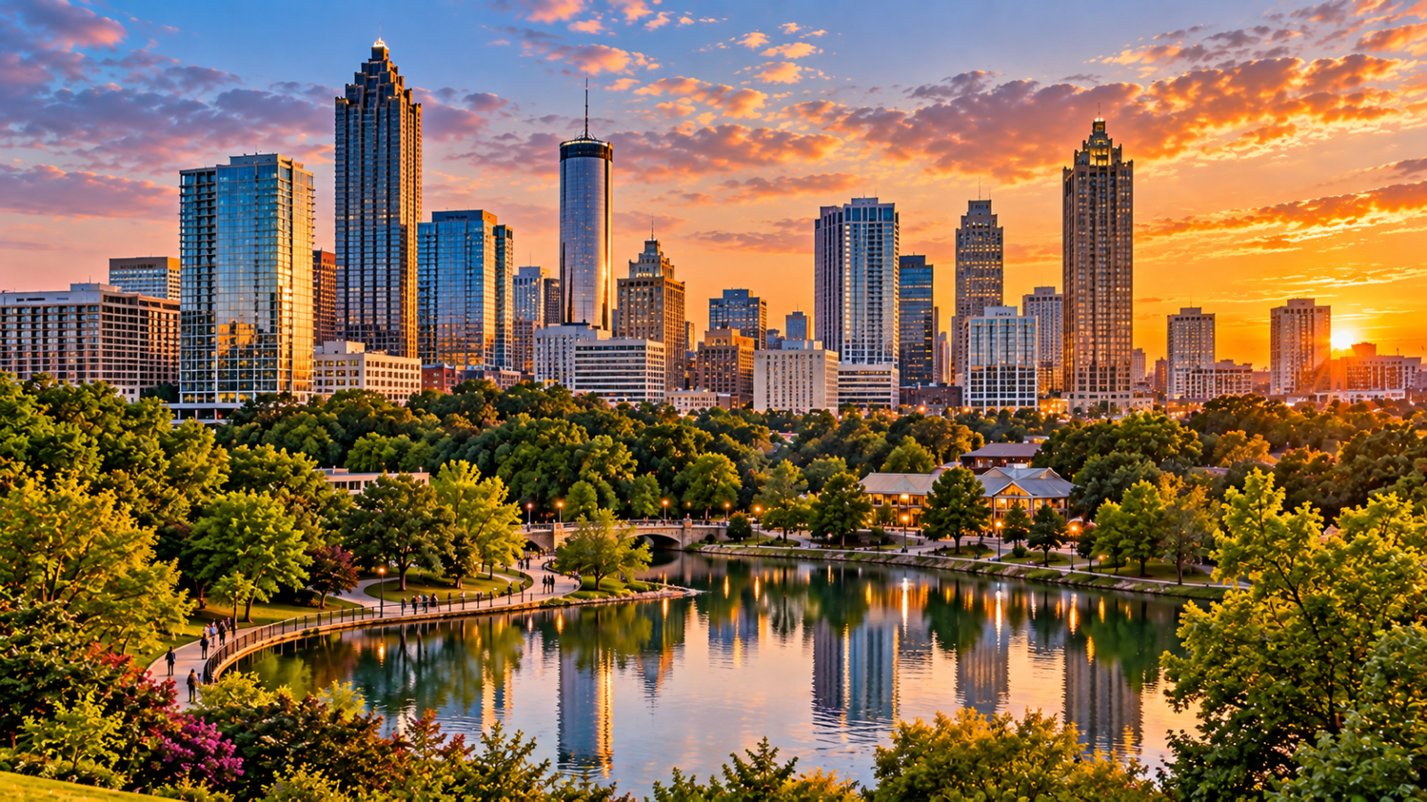 Georgia Travel Guide, Atlanta skyline at sunset rising above a green urban park, reflective lake, walking paths, trees, and city towers.