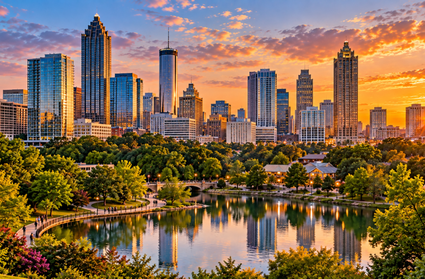 Georgia Travel Guide, Atlanta skyline at sunset rising above a green urban park, reflective lake, walking paths, trees, and city towers.