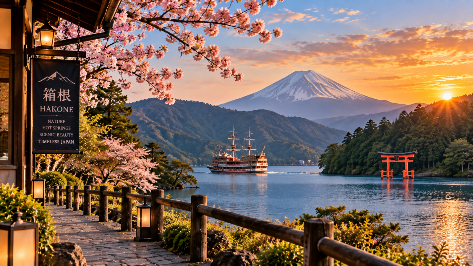 Lake Ashi in Hakone with Mount Fuji in the distance, a red torii gate, sightseeing boat, forested hills, and cherry blossoms.