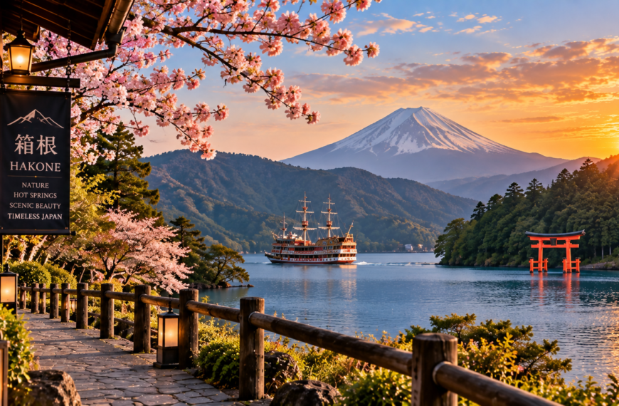 Lake Ashi in Hakone with Mount Fuji in the distance, a red torii gate, sightseeing boat, forested hills, and cherry blossoms.