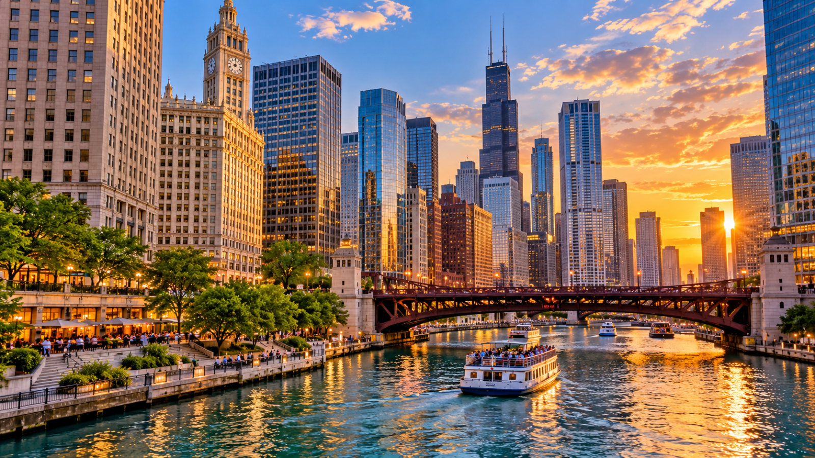 Illinois travel guide, Chicago River at sunset with downtown skyscrapers, riverfront promenades, bridges, and a sightseeing boat.