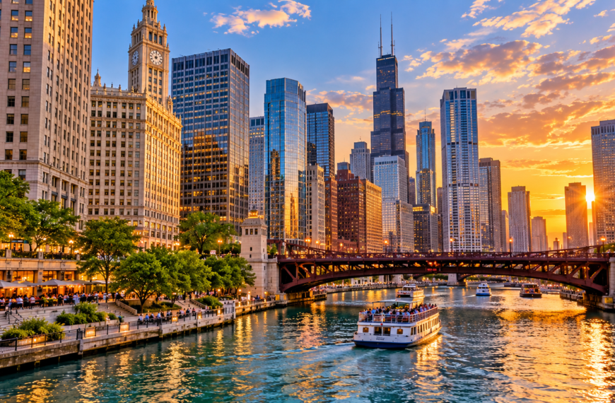 Illinois travel guide, Chicago River at sunset with downtown skyscrapers, riverfront promenades, bridges, and a sightseeing boat.