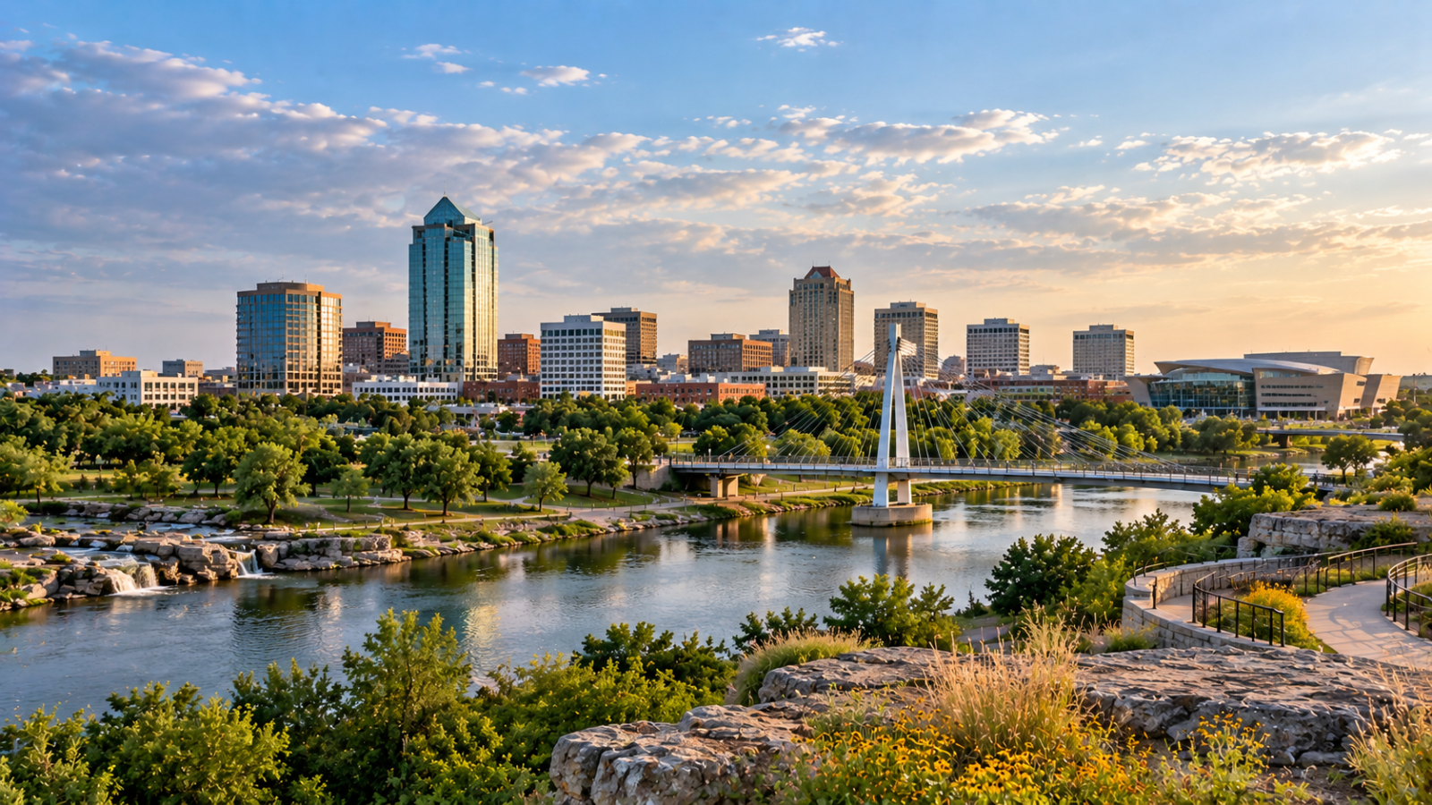 Kansas travel guide, Wichita skyline at sunset beyond a riverfront park with calm water, green trees, walking paths, and a modern bridge.