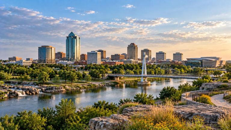 Kansas travel guide, Wichita skyline at sunset beyond a riverfront park with calm water, green trees, walking paths, and a modern bridge.