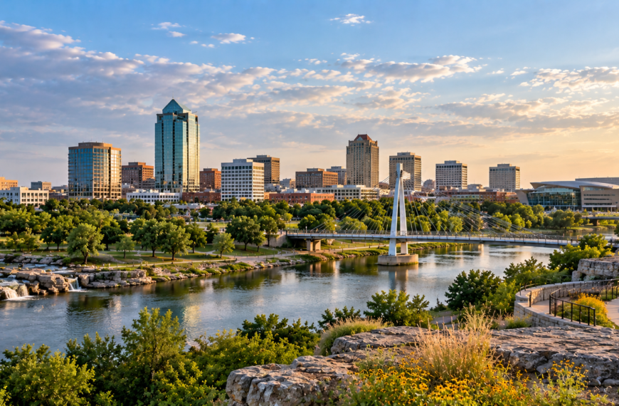 Kansas travel guide, Wichita skyline at sunset beyond a riverfront park with calm water, green trees, walking paths, and a modern bridge.