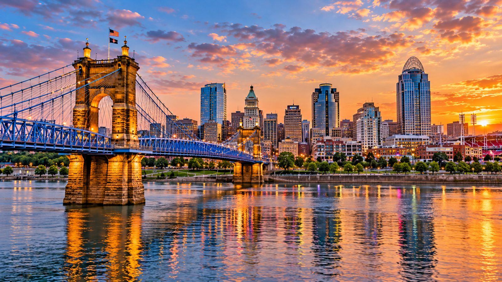 Kentucky Travel Guide, Ohio River at sunset with a suspension bridge, illuminated waterfront and city skyline rising across the water.