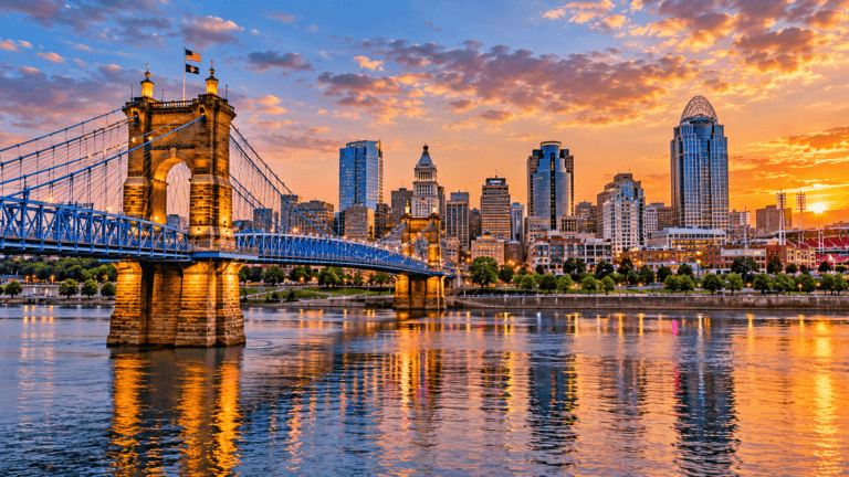 Kentucky Travel Guide, Ohio River at sunset with a suspension bridge, illuminated waterfront and city skyline rising across the water.