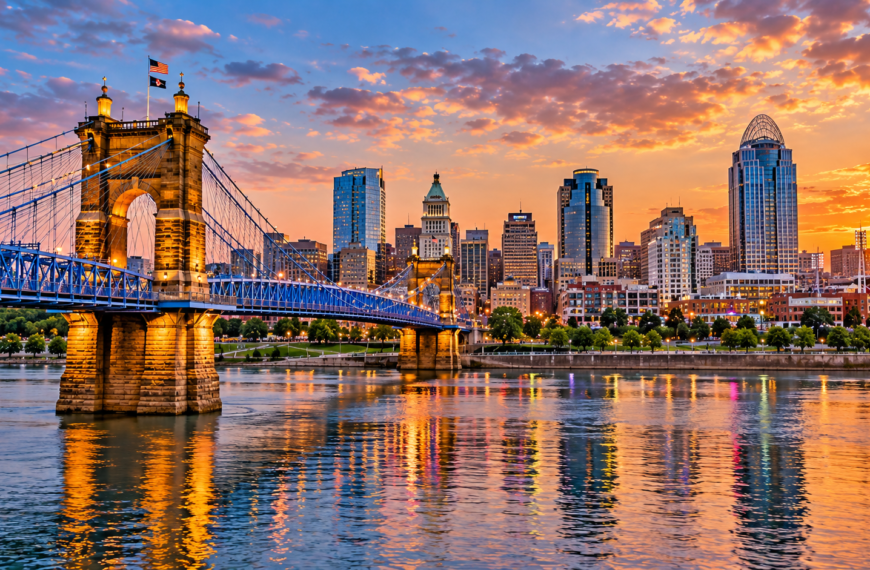 Kentucky Travel Guide, Ohio River at sunset with a suspension bridge, illuminated waterfront and city skyline rising across the water.