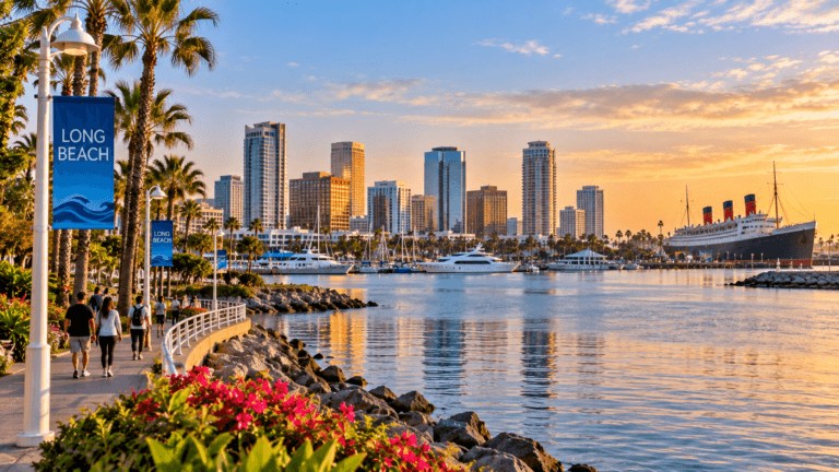 Long Beach waterfront at sunset with marina boats, palm-lined promenade, downtown skyline, and the Queen Mary across the harbor.