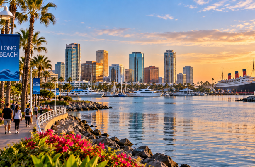 Long Beach waterfront at sunset with marina boats, palm-lined promenade, downtown skyline, and the Queen Mary across the harbor.