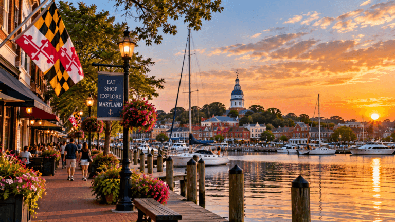 Maryland waterfront at sunset with sailboats, a brick promenade, historic buildings, outdoor dining, and Chesapeake Bay scenery.
