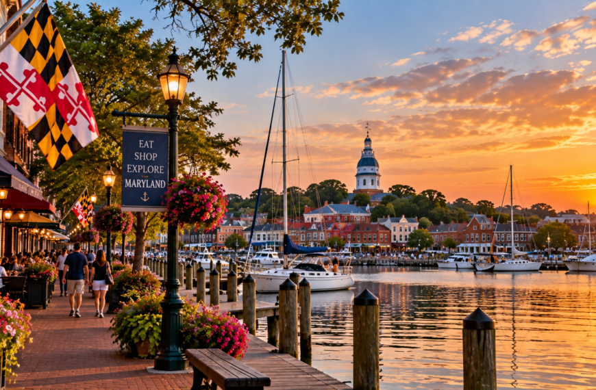 Maryland waterfront at sunset with sailboats, a brick promenade, historic buildings, outdoor dining, and Chesapeake Bay scenery.