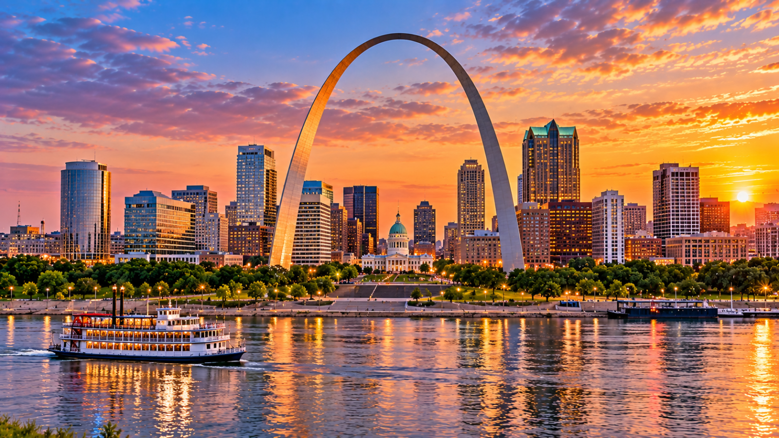 Missouri Travel Guide, Gateway Arch and St. Louis skyline at sunset above the Mississippi River with a riverboat crossing the water.