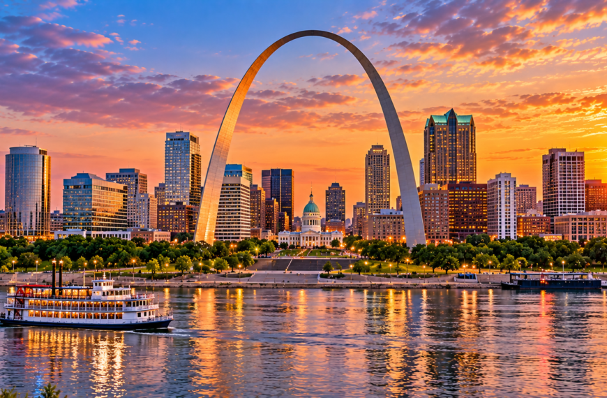 Missouri Travel Guide, Gateway Arch and St. Louis skyline at sunset above the Mississippi River with a riverboat crossing the water.