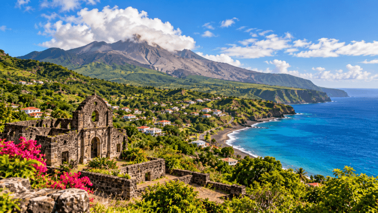 Montserrat landscape with lush volcanic slopes, rugged coastline, Caribbean waters, and historic stone ruins surrounded by greenery.