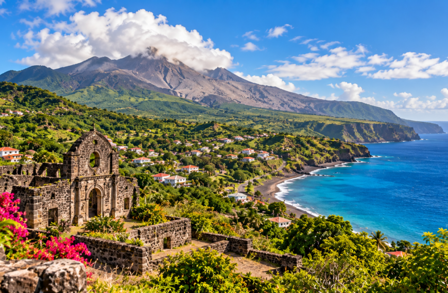 Montserrat landscape with lush volcanic slopes, rugged coastline, Caribbean waters, and historic stone ruins surrounded by greenery.