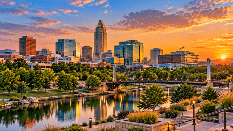 Nebraska Travel Guide, Nebraska city skyline at sunset above a green riverfront park with calm water, walking paths, trees, and a pedestrian bridge.