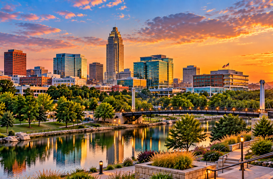 Nebraska Travel Guide, Nebraska city skyline at sunset above a green riverfront park with calm water, walking paths, trees, and a pedestrian bridge.