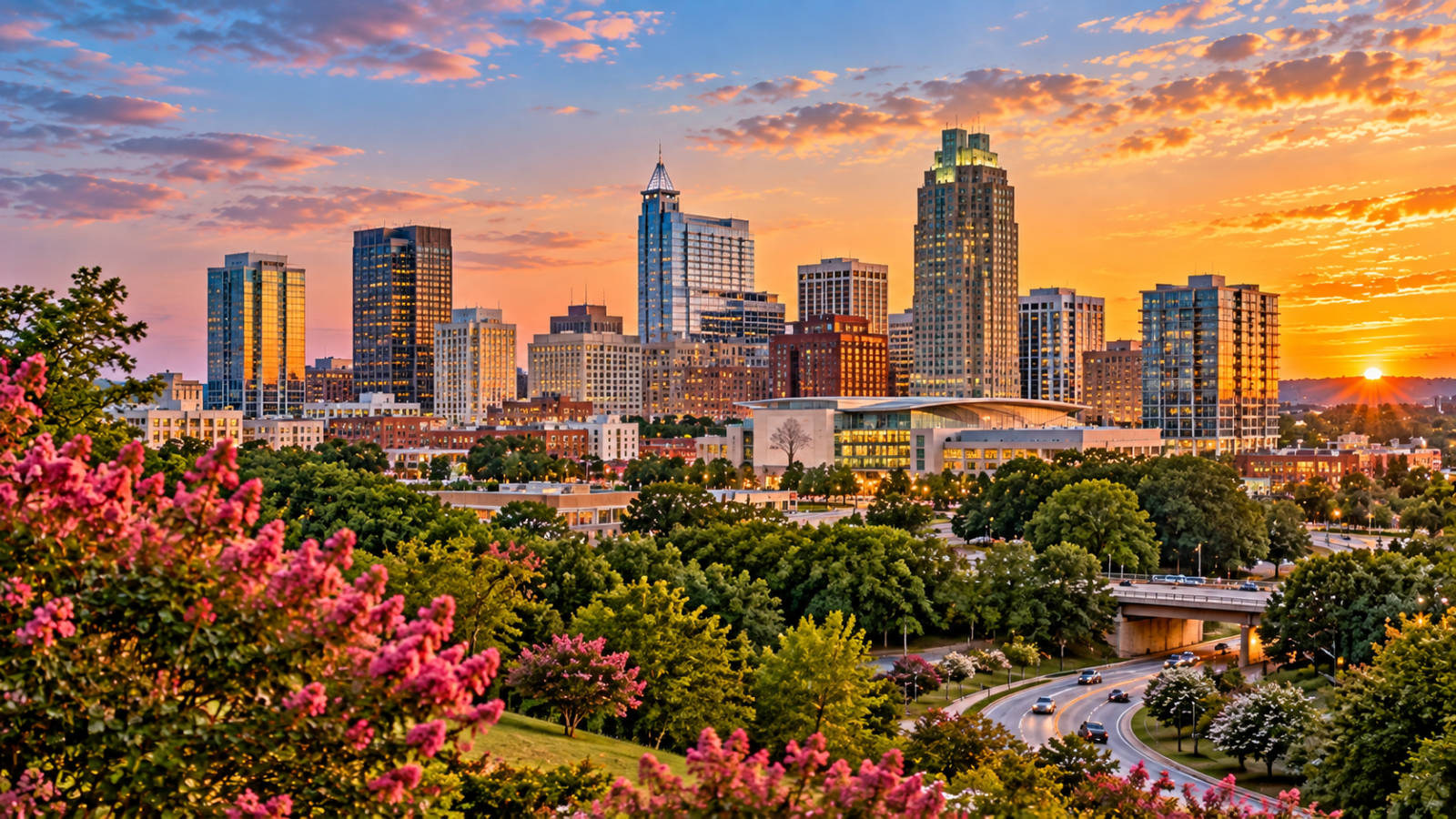 North Carolina Travel Guide, Raleigh skyline at sunset surrounded by green trees, flowering landscapes, city streets, and modern downtown buildings.