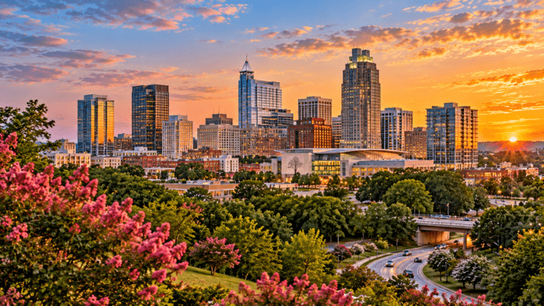 North Carolina Travel Guide, Raleigh skyline at sunset surrounded by green trees, flowering landscapes, city streets, and modern downtown buildings.