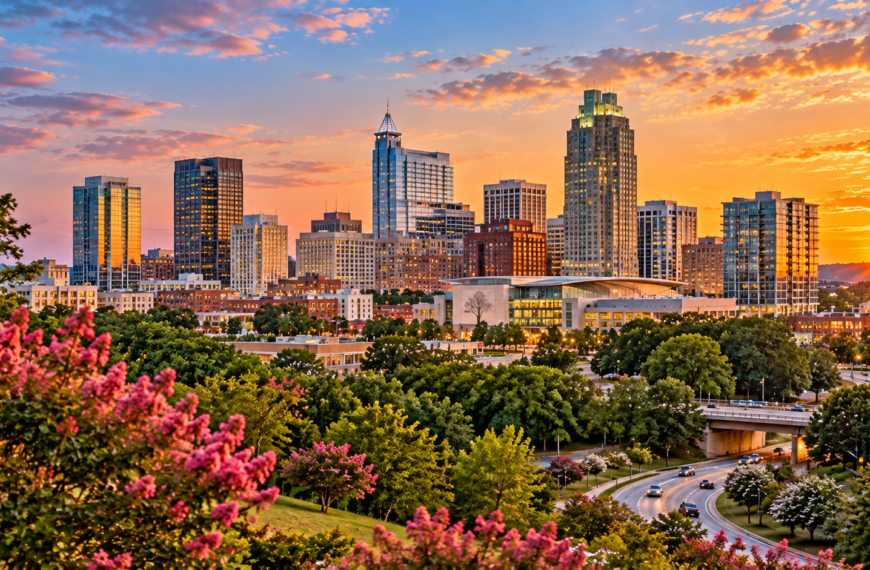North Carolina Travel Guide, Raleigh skyline at sunset surrounded by green trees, flowering landscapes, city streets, and modern downtown buildings.