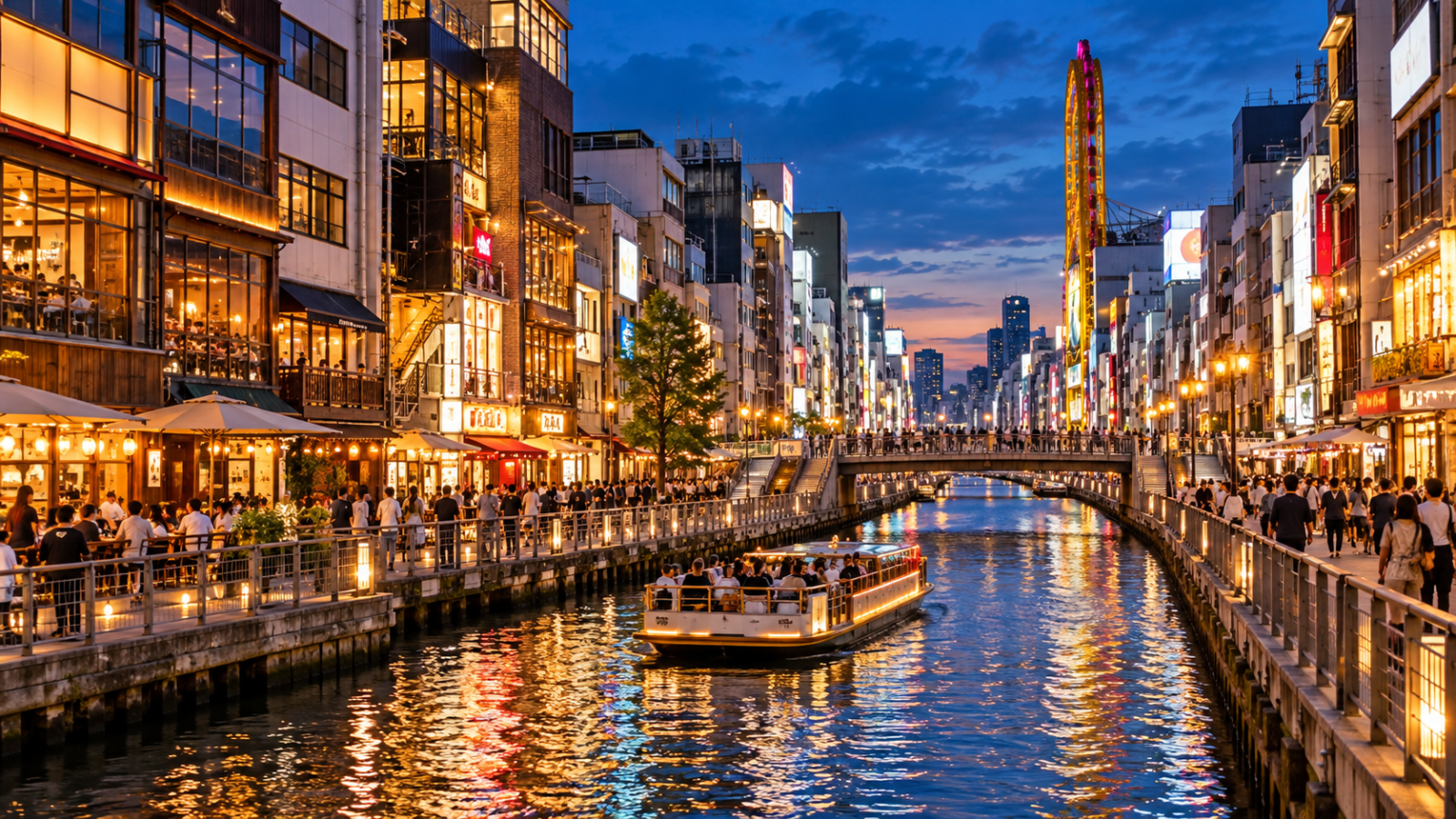 Osaka Travel Guide, Dotonbori canal in Osaka at dusk with illuminated restaurants, busy promenades, bridges, and a sightseeing boat.