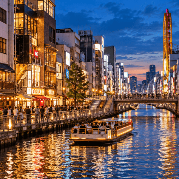 Osaka Travel Guide, Dotonbori canal in Osaka at dusk with illuminated restaurants, busy promenades, bridges, and a sightseeing boat.