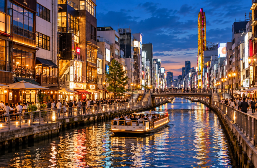 Osaka Travel Guide, Dotonbori canal in Osaka at dusk with illuminated restaurants, busy promenades, bridges, and a sightseeing boat.