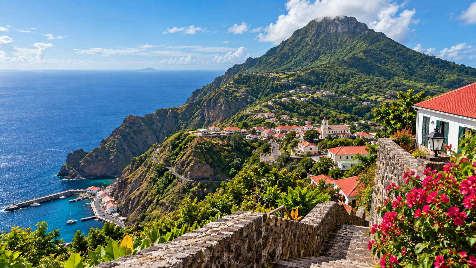 Mountainous Saba landscape with red-roofed island homes, lush tropical slopes, rugged cliffs, and deep blue Caribbean waters.