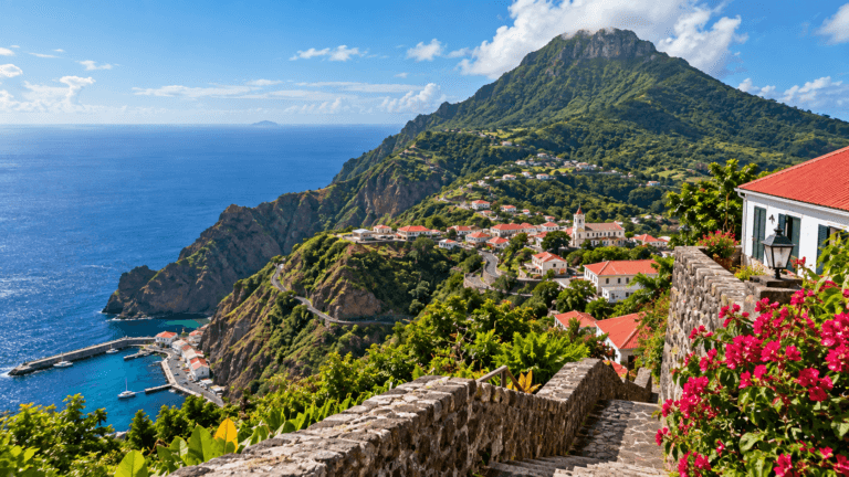 Mountainous Saba landscape with red-roofed island homes, lush tropical slopes, rugged cliffs, and deep blue Caribbean waters.