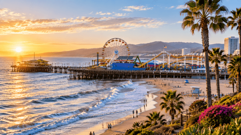 Santa Monica Pier and Ferris wheel at sunset with Pacific Ocean waves, sandy beach, palm trees, and the California coastline.