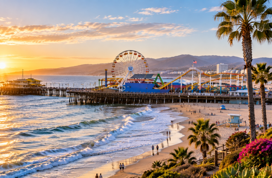 Santa Monica Pier and Ferris wheel at sunset with Pacific Ocean waves, sandy beach, palm trees, and the California coastline.