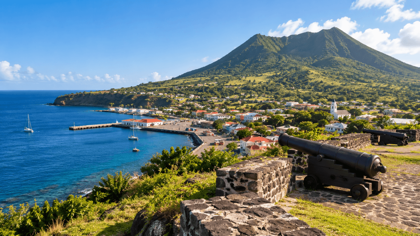 Coastal view of Sint Eustatius with historic fort cannons, blue Caribbean waters, Oranjestad, and the volcanic landscape.
