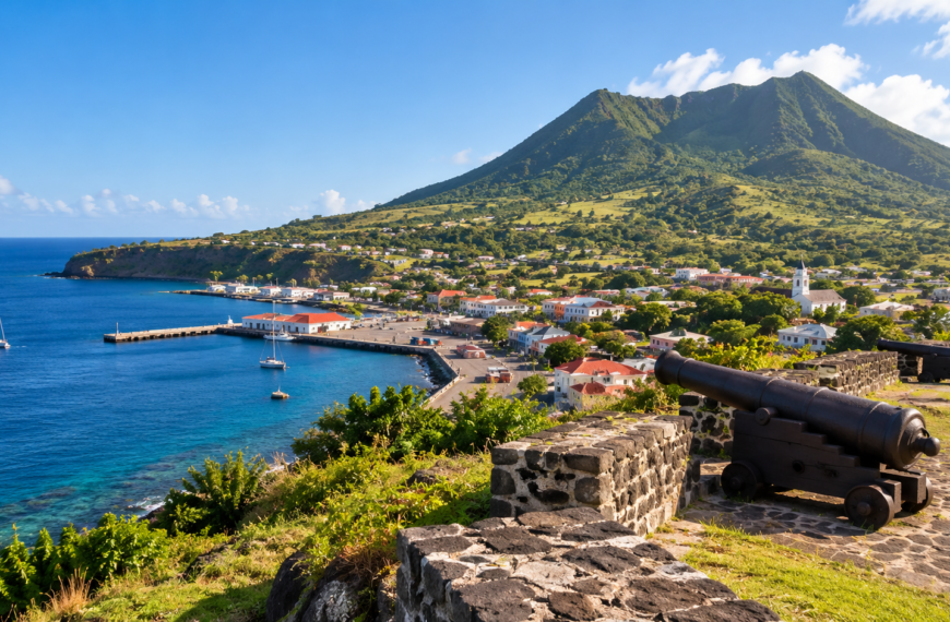 Coastal view of Sint Eustatius with historic fort cannons, blue Caribbean waters, Oranjestad, and the volcanic landscape.