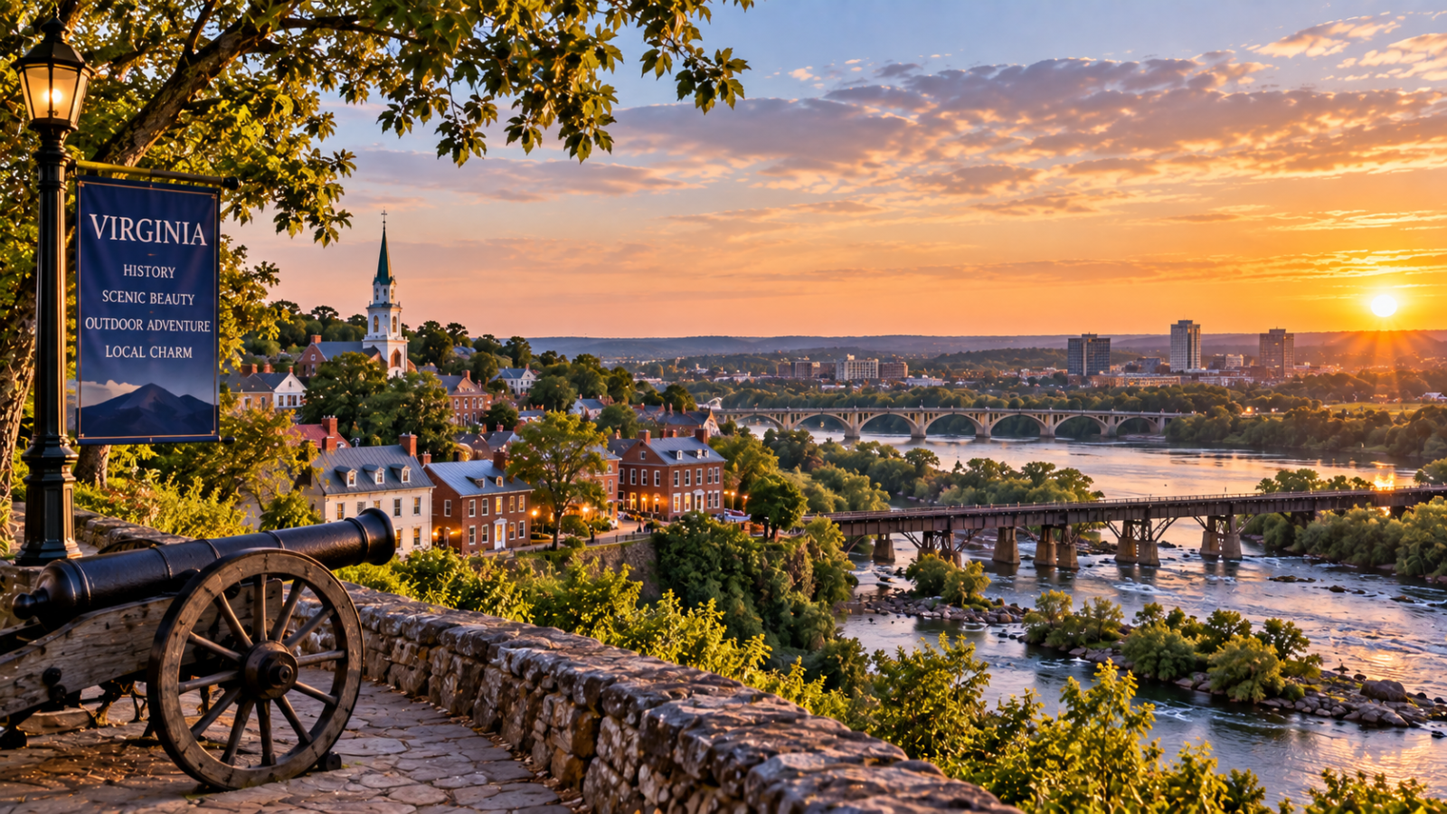 Historic Virginia riverside city at sunset with brick buildings, church steeple, bridges, tree-lined hills, and scenic river views.