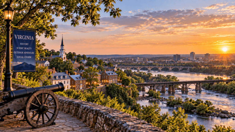 Historic Virginia riverside city at sunset with brick buildings, church steeple, bridges, tree-lined hills, and scenic river views.
