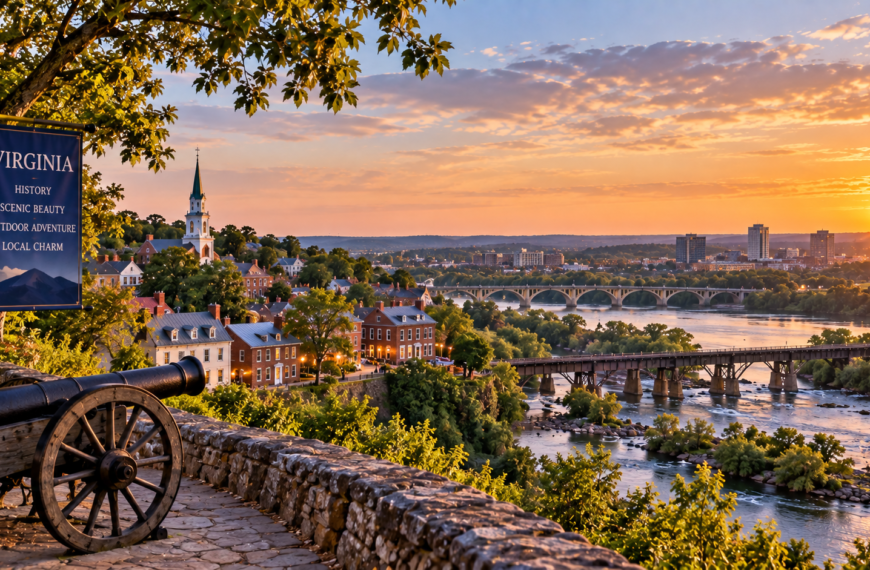 Historic Virginia riverside city at sunset with brick buildings, church steeple, bridges, tree-lined hills, and scenic river views.