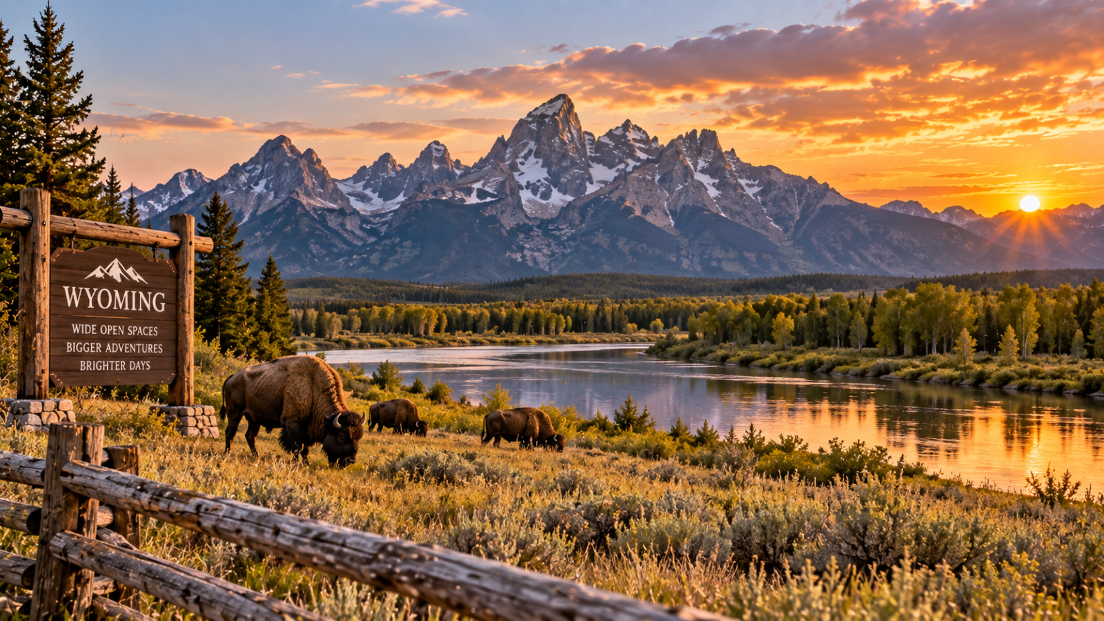 Wyoming landscape with bison grazing beside a calm river as rugged, snow-dusted mountain peaks rise in the distance.